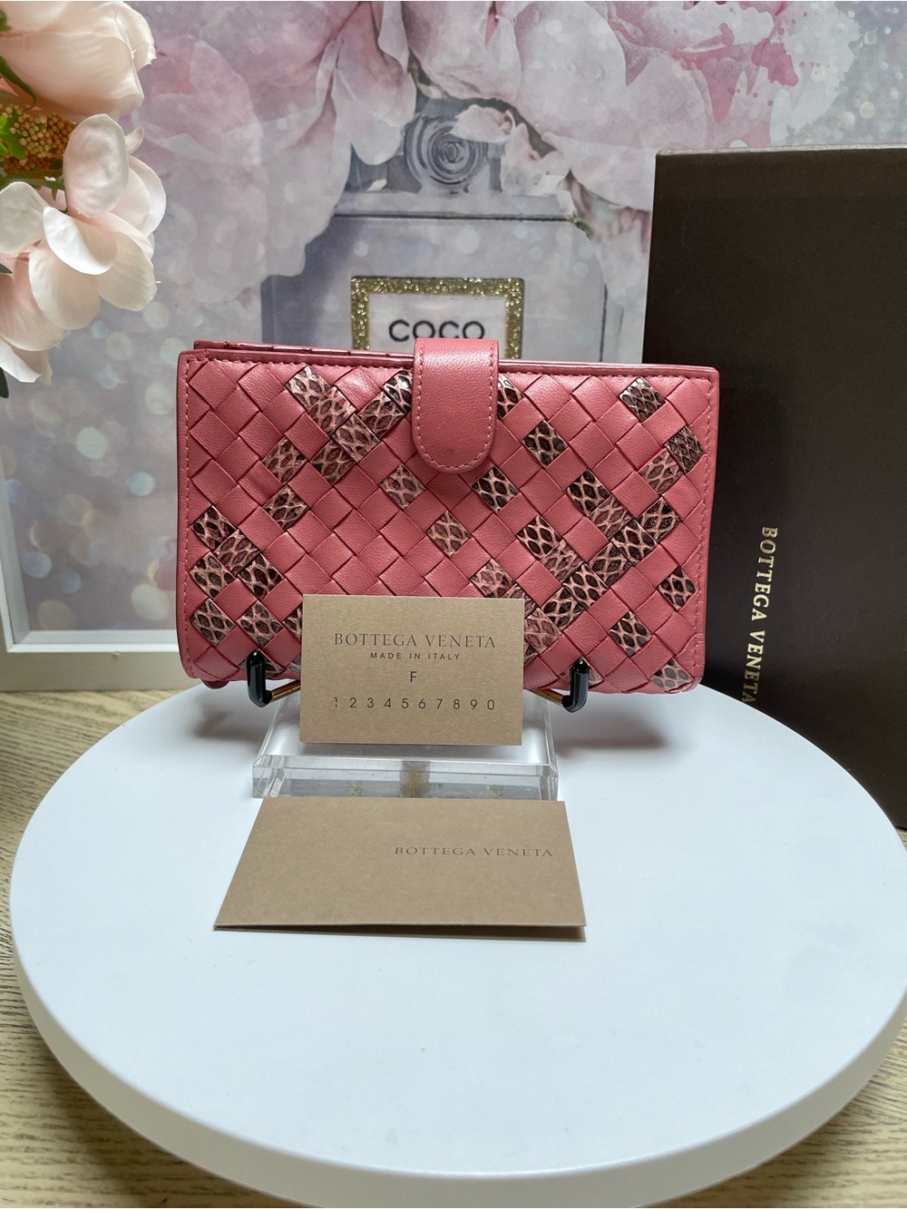 Bottega Veneta Coral Pink Intrecciato Woven Leather Wallet with Leopard Accents